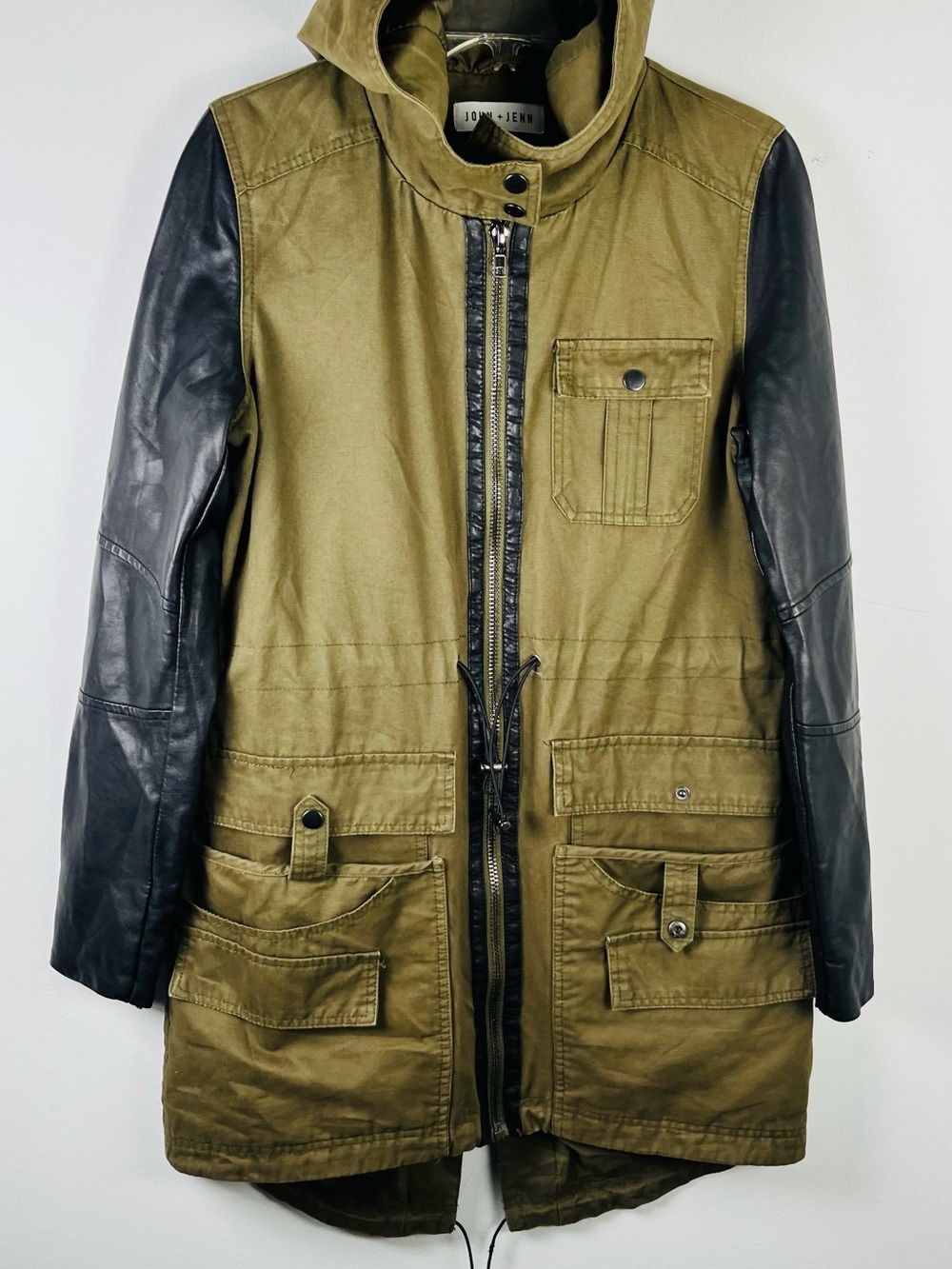 John + Jenn Olive Parka with Black Leather Sleeves Size M